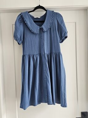 Smash + Tess Dusty Blue Button-Front Mini Dress with Ruffled Peter Collar